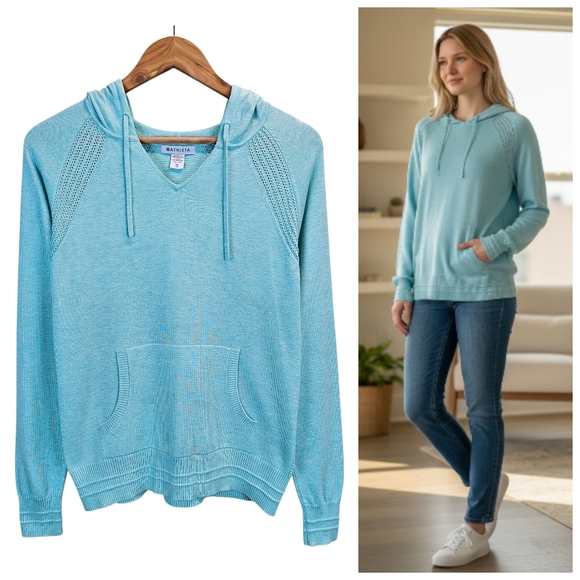 Athleta Evergreen Hoodie Sweater XS Blue Lightweight Knit Pullover Pocket Soft - Picture 1 of 13